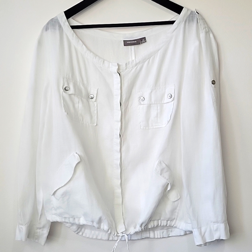 SUSAN WOMEN'S 100% LINEN LONG SLEEVE WHITE BUTTON DOWN BLOUSE